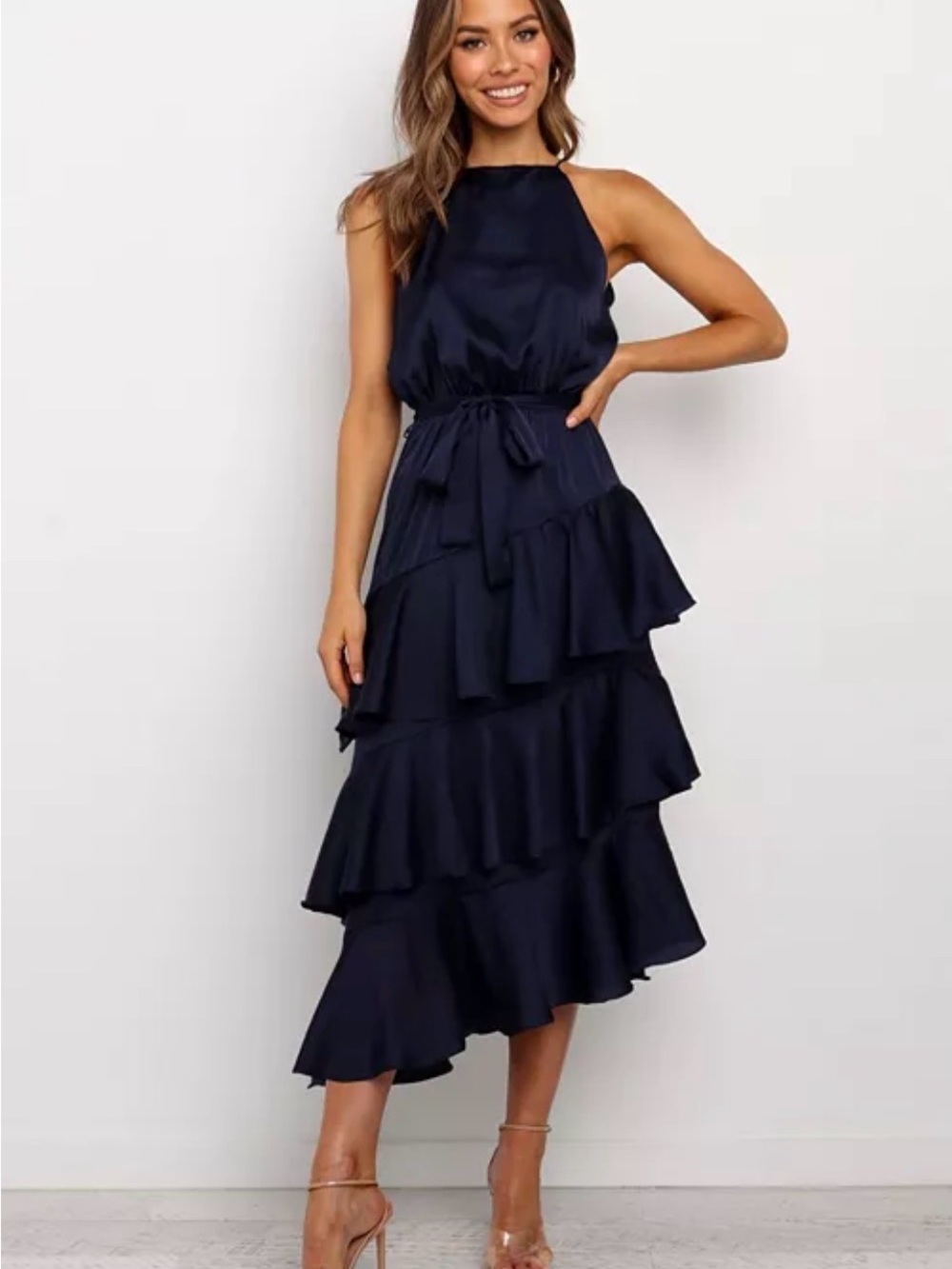 Petal & Pup Navy Halter Ruffle Midi Dress